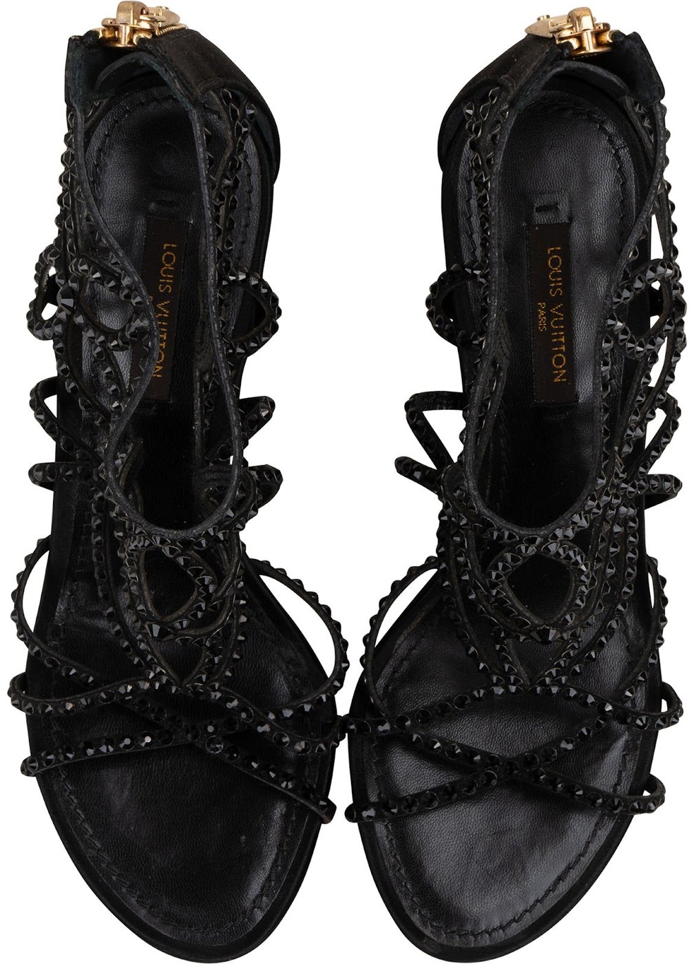 Louis Vuitton Black Leather & Satin Spicy Embellished Caged Sandals Heels (36)