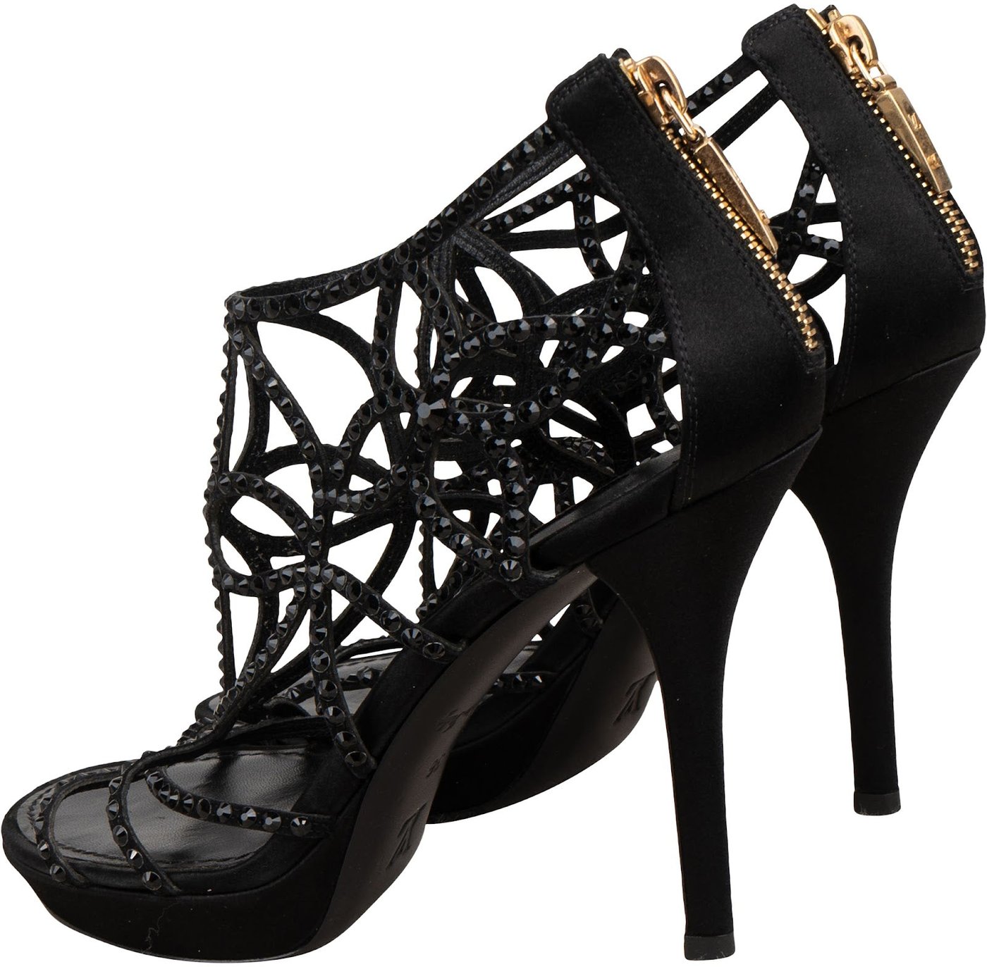 Louis Vuitton Black Leather & Satin Spicy Embellished Caged Sandals Heels (36)