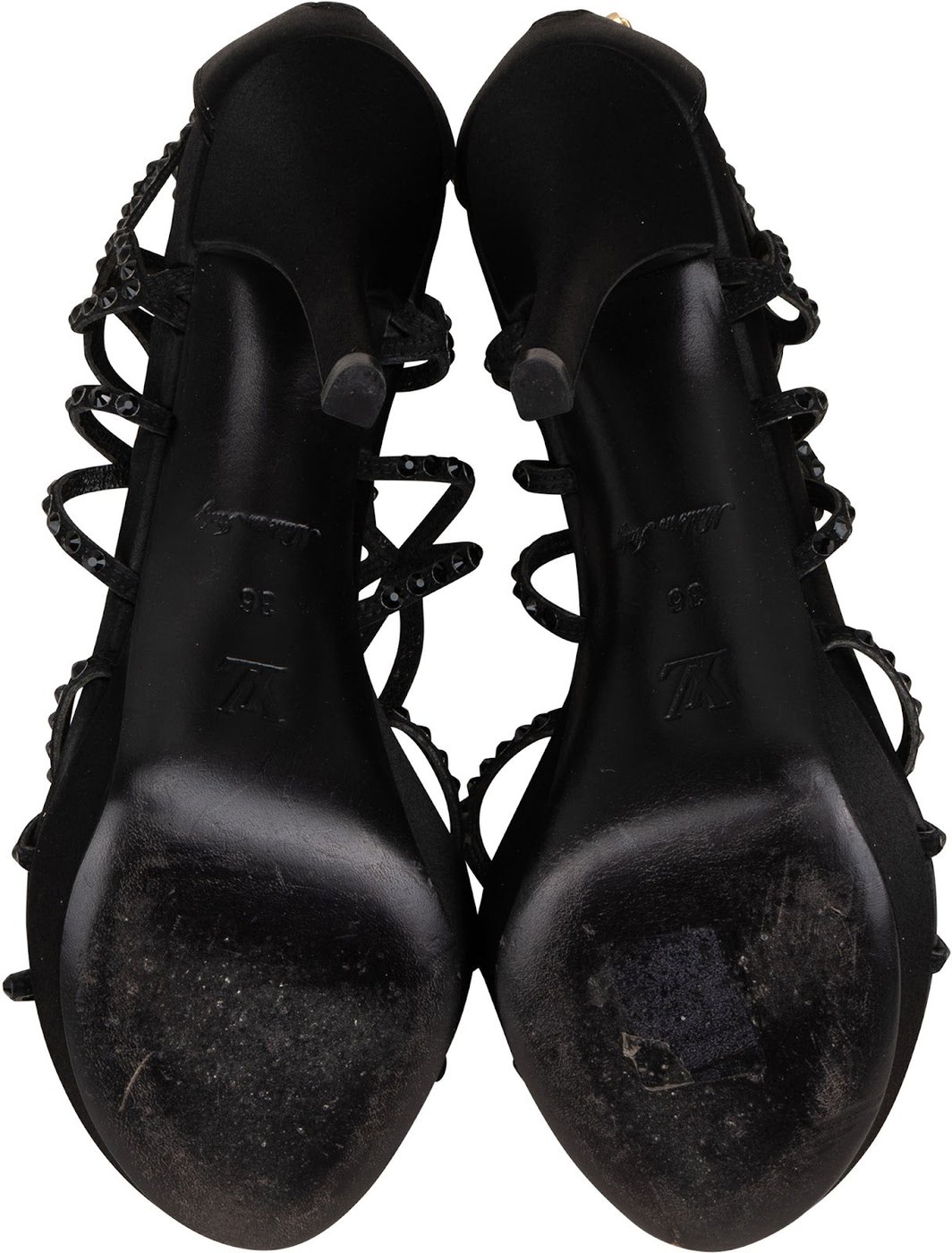Louis Vuitton Black Leather & Satin Spicy Embellished Caged Sandals Heels (36)