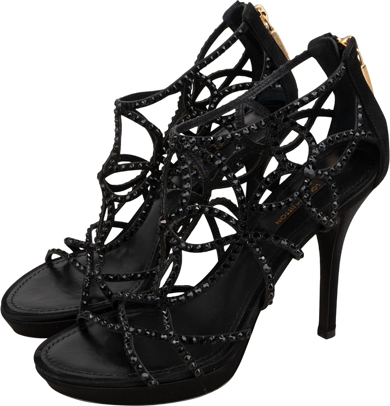 Louis Vuitton Black Leather & Satin Spicy Embellished Caged Sandals Heels (36)