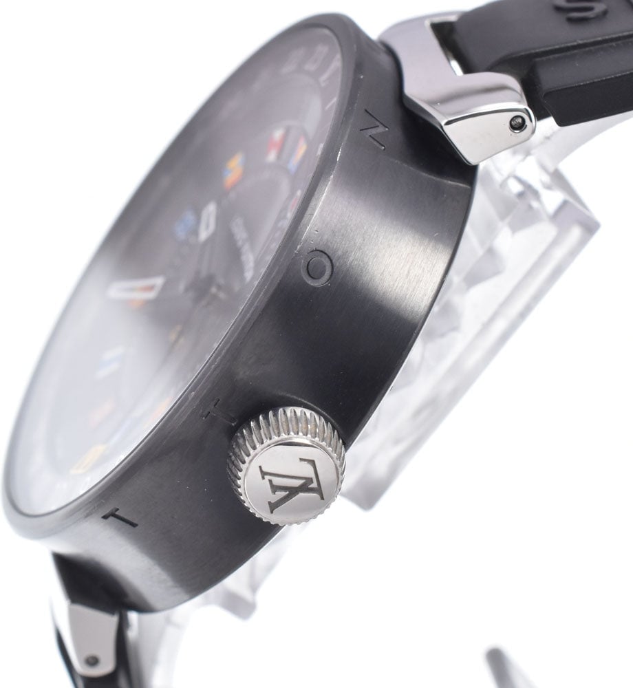 Louis Vuitton Tambour Moon Dual Time Quartz Stainless Steel with Diamond Lugs and Markers and Leather 35