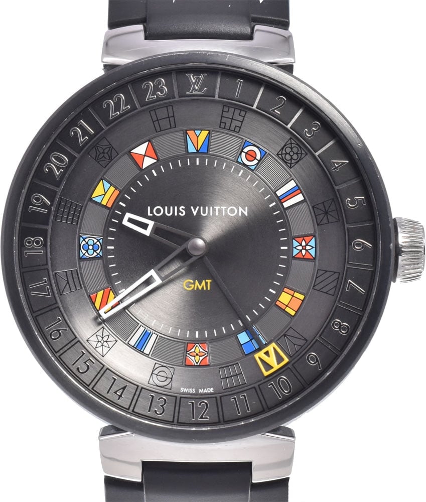 Louis Vuitton Tambour Moon Dual Time Quartz Stainless Steel with Diamond Lugs and Markers and Leather 35
