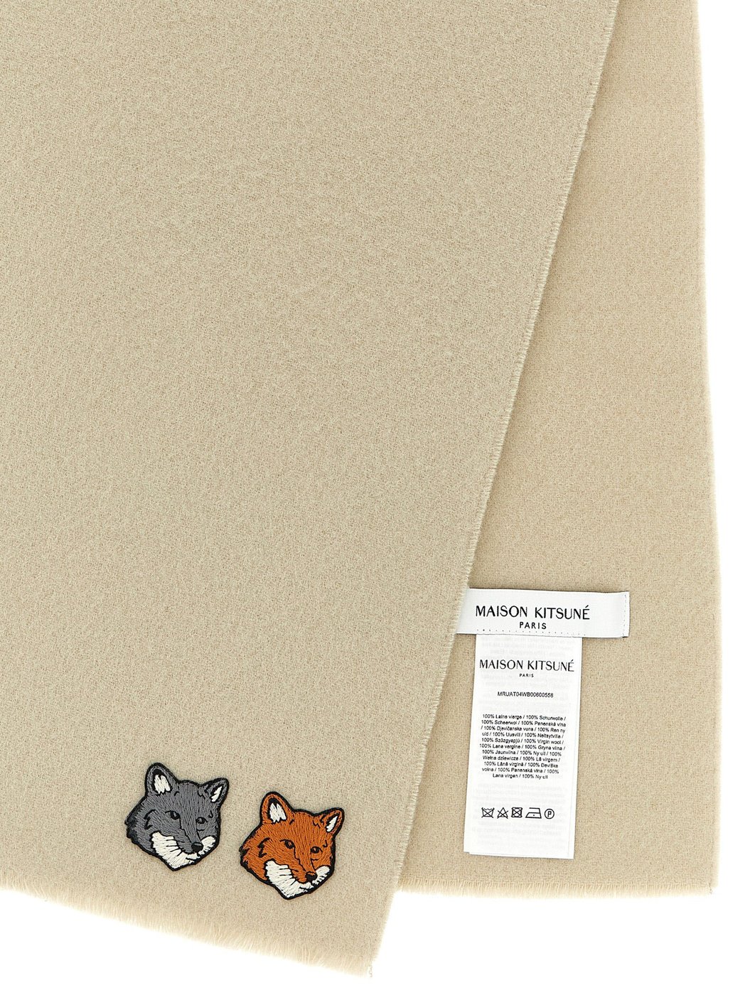 Rectangular Virgin Wool Scarf with Double Fox Head Embroidery