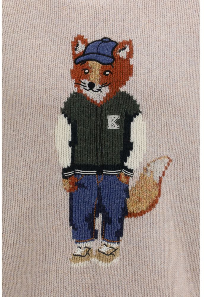 Beige Wool Sweater with Intarsia Dressed Fox Design