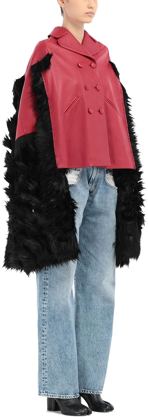 Maison Margiela Faux Fur Trimmed Leather Cape Jacket