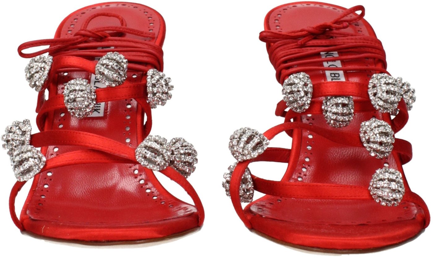 Manolo Blahnik Red Satin Stiletto Heel Sandals