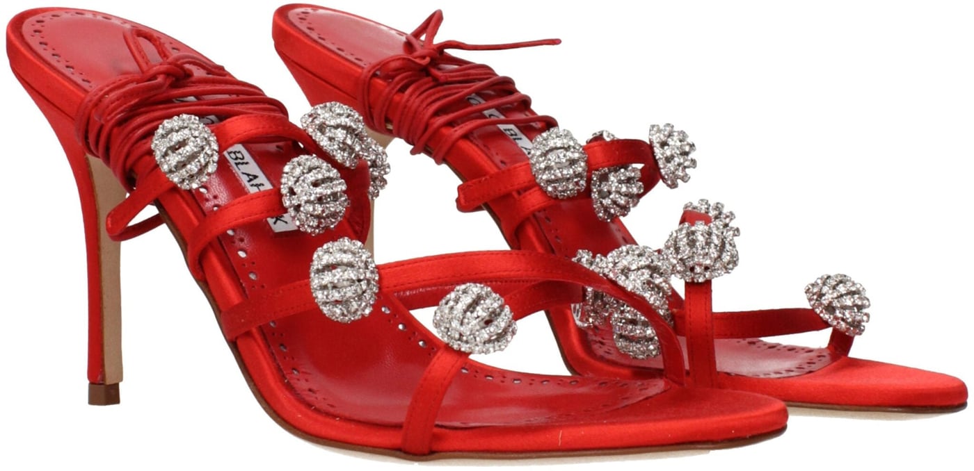 Manolo Blahnik Red Satin Stiletto Heel Sandals