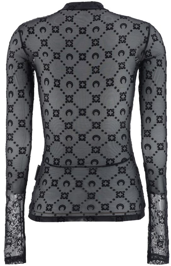 Long-Sleeve Logo Pattern Mesh Top