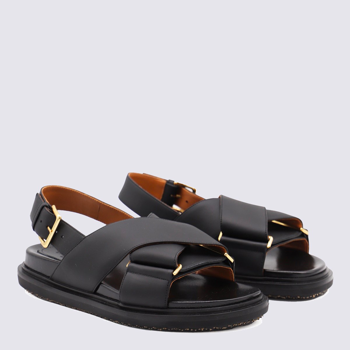 Padded Black Sandals with Gold-tone Hardware Accents