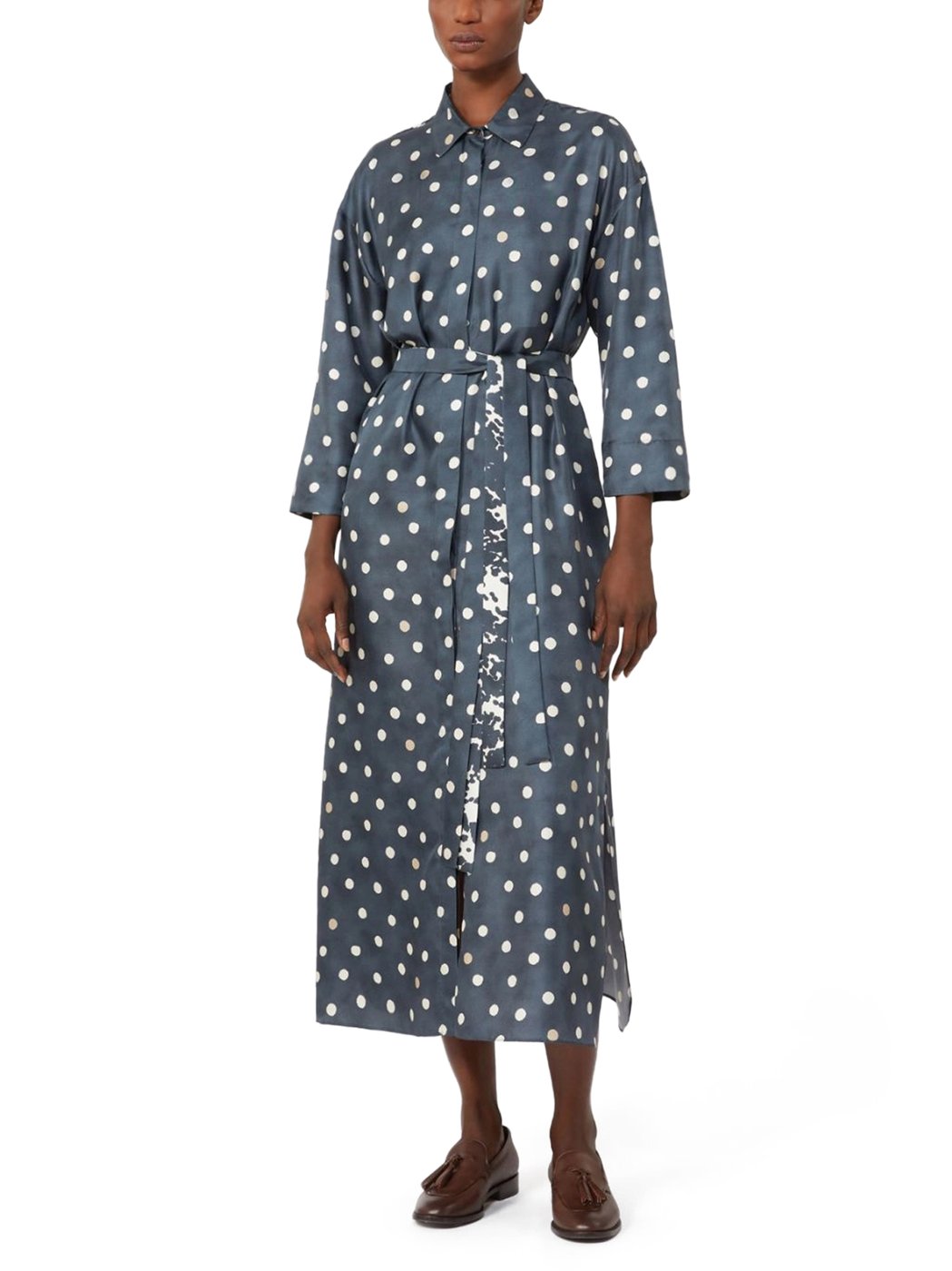 Midi Silk Dress with Polka Dot Pattern