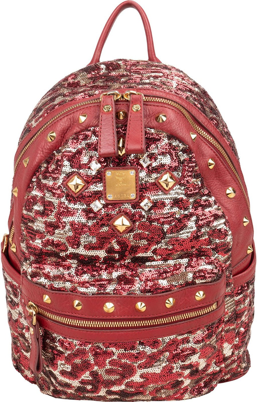 MCM Visetos Monogram Studded Sequin Leopard Stark Backpack