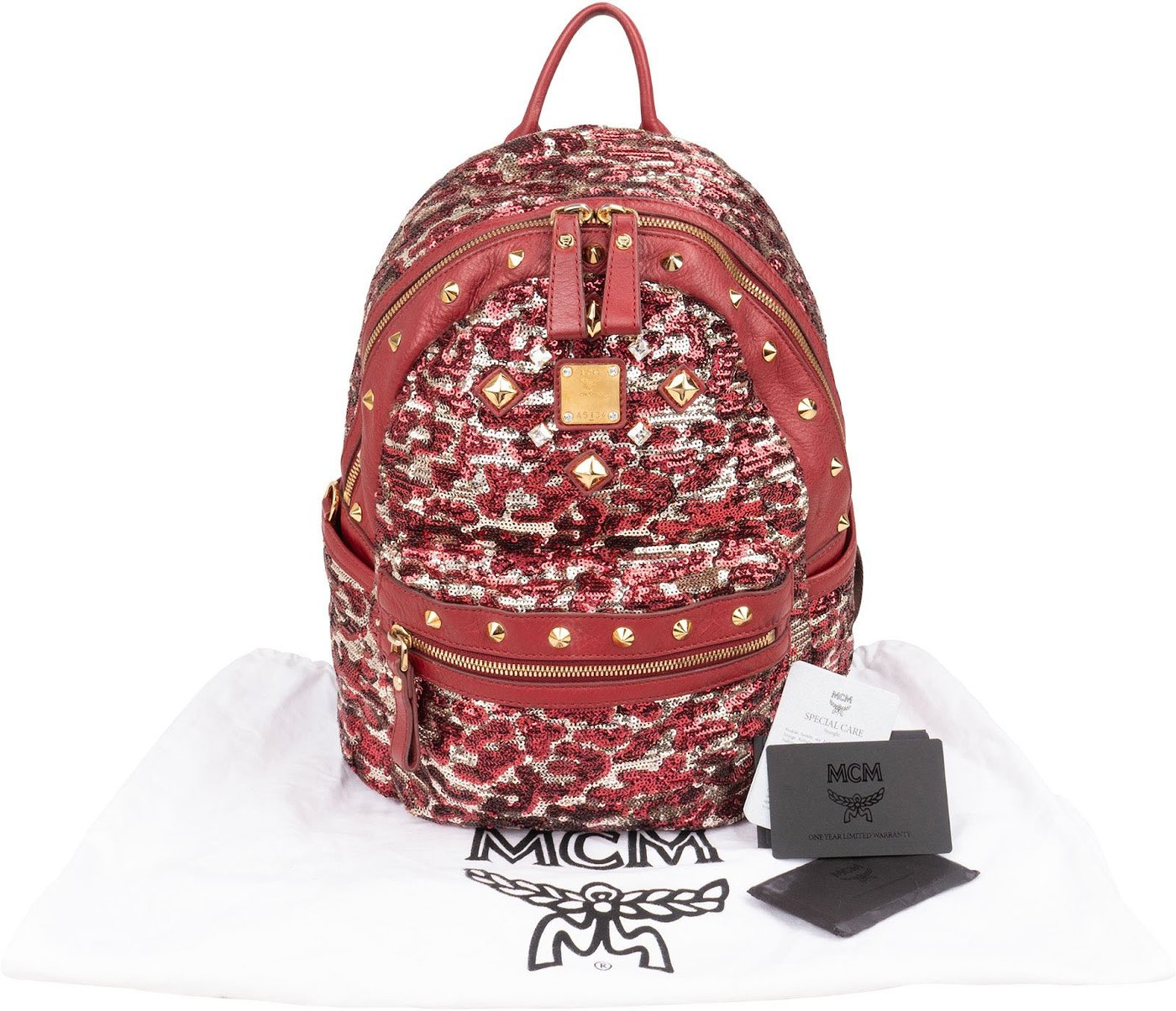 MCM Visetos Monogram Studded Sequin Leopard Stark Backpack