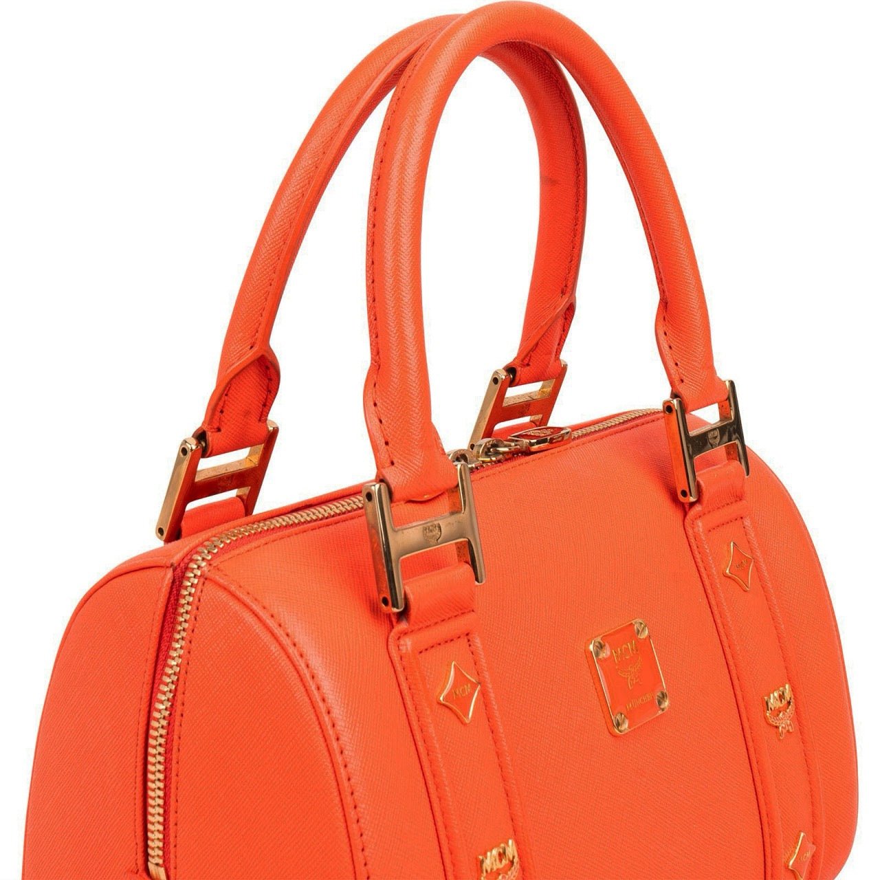 MCM Orange Grained Leather Essential Studded Small Boston Handbag