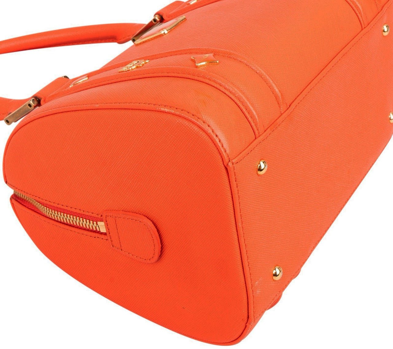 MCM Orange Grained Leather Essential Studded Small Boston Handbag