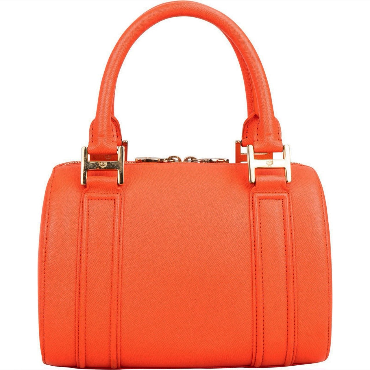 MCM Orange Grained Leather Essential Studded Small Boston Handbag