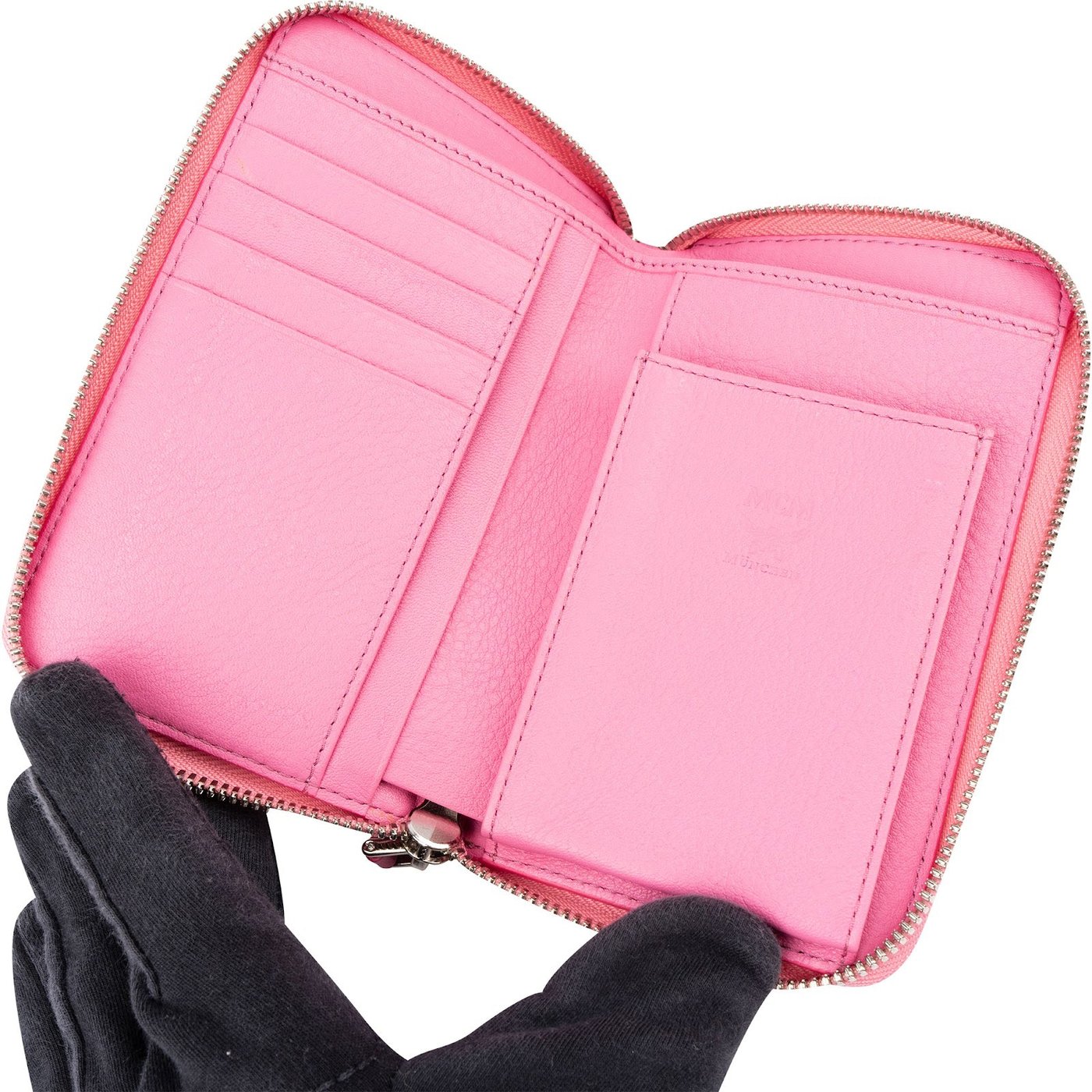 MCM Pink Monogram Visetos Small Zip Around Organiser Wallet
