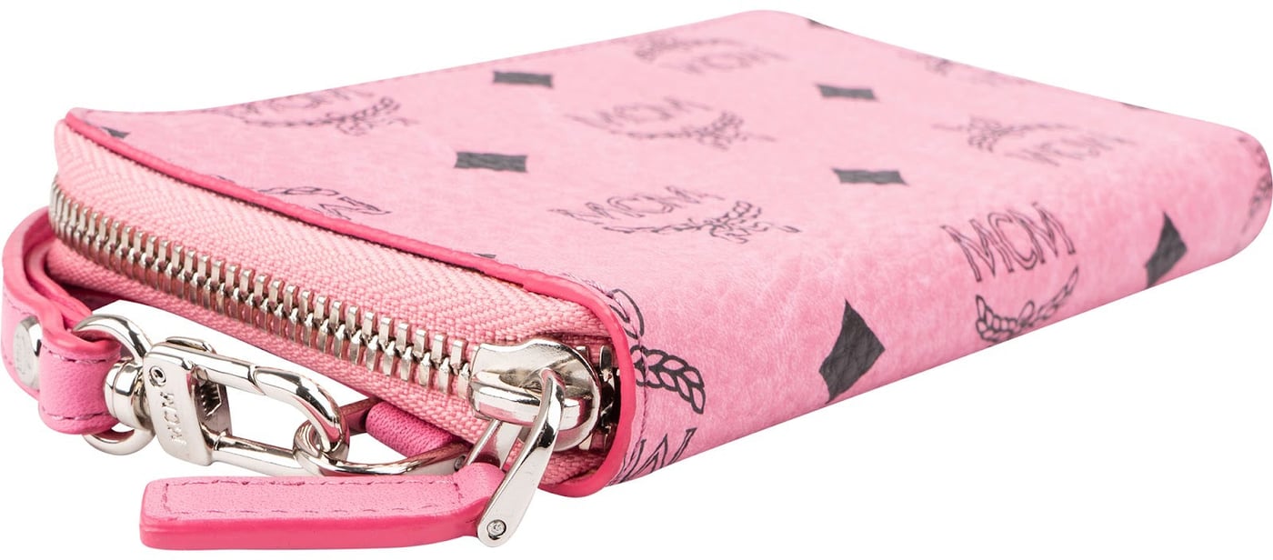 MCM Pink Monogram Visetos Small Zip Around Organiser Wallet