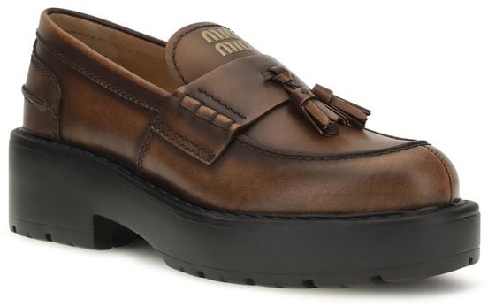 Miu Miu Brown Calf Leather Bos Taurus Platform Loafers