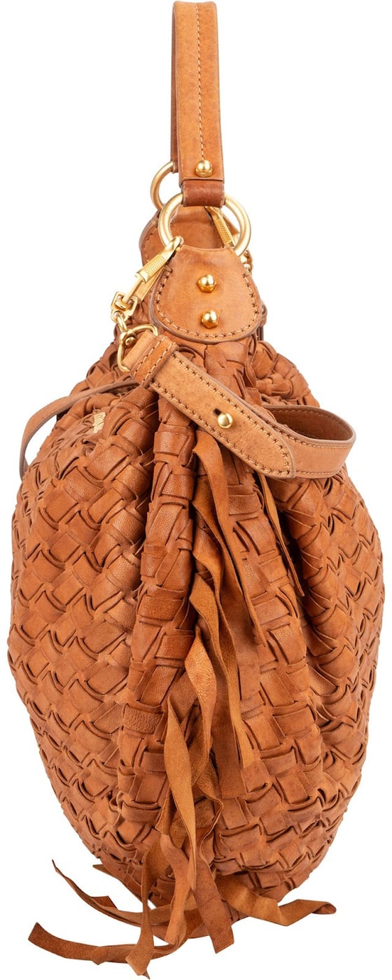 Miu Miu Woven Leather Fringe Hobo Shoulder Bag