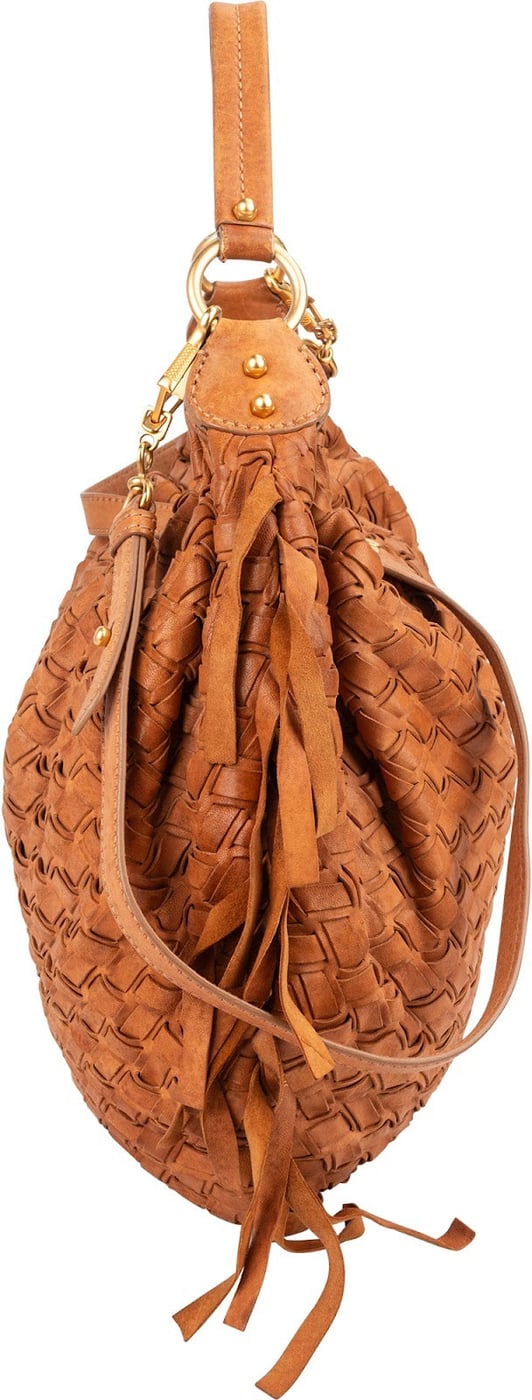 Miu Miu Woven Leather Fringe Hobo Shoulder Bag