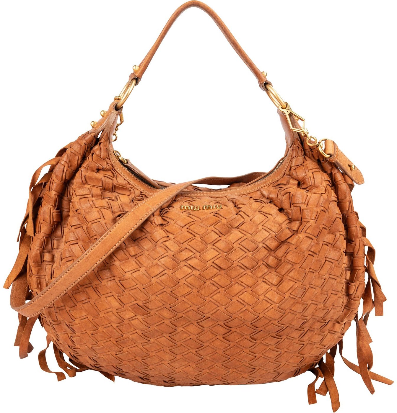 Miu Miu Woven Leather Fringe Hobo Shoulder Bag