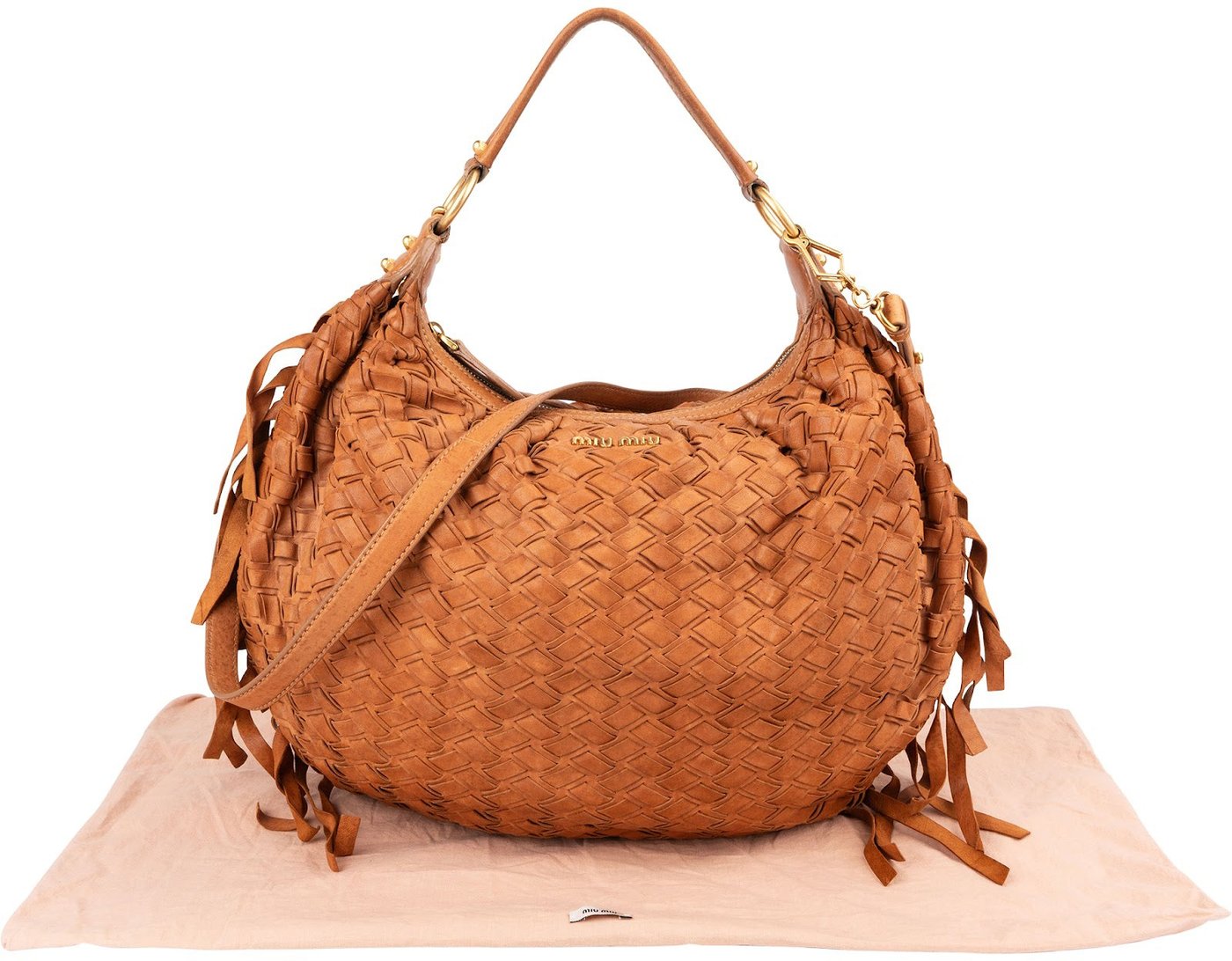 Miu Miu Woven Leather Fringe Hobo Shoulder Bag