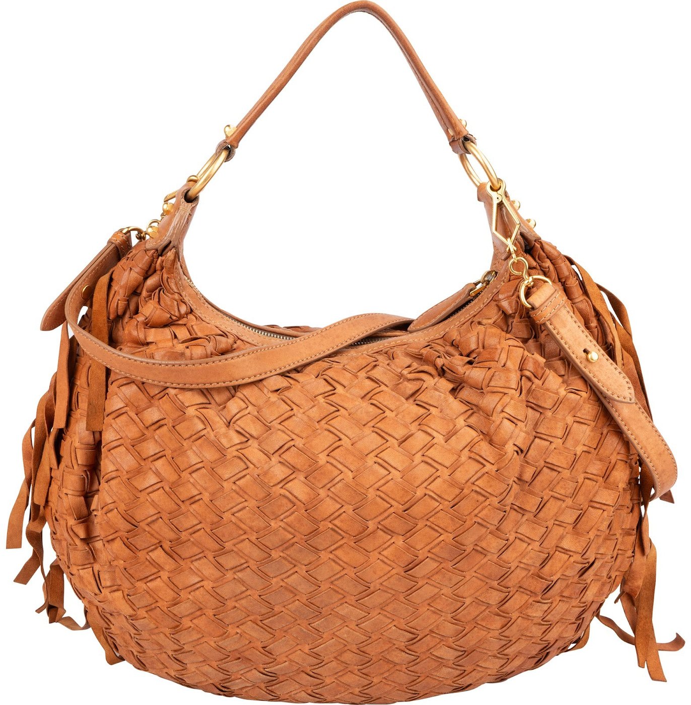 Miu Miu Woven Leather Fringe Hobo Shoulder Bag
