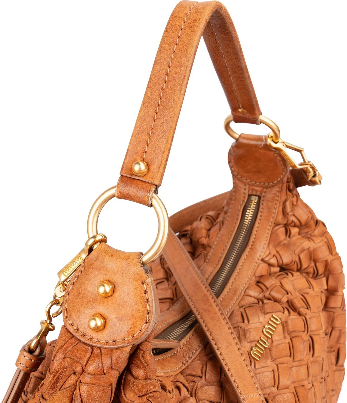Miu Miu Woven Leather Fringe Hobo Shoulder Bag