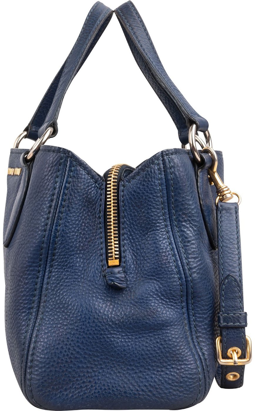 Miu Miu Blue Vitello Daino Leather Tote Handbag