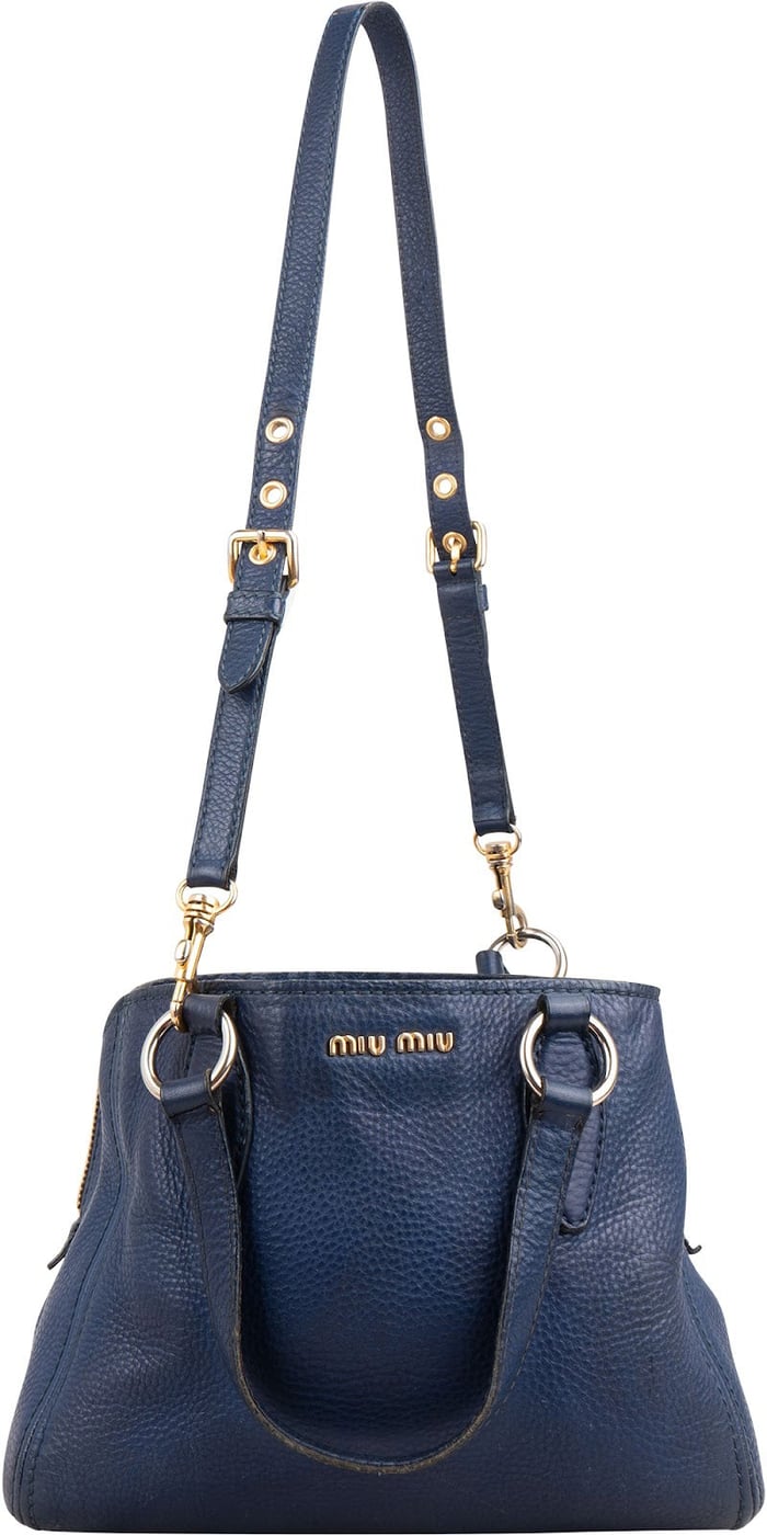 Miu Miu Blue Vitello Daino Leather Tote Handbag