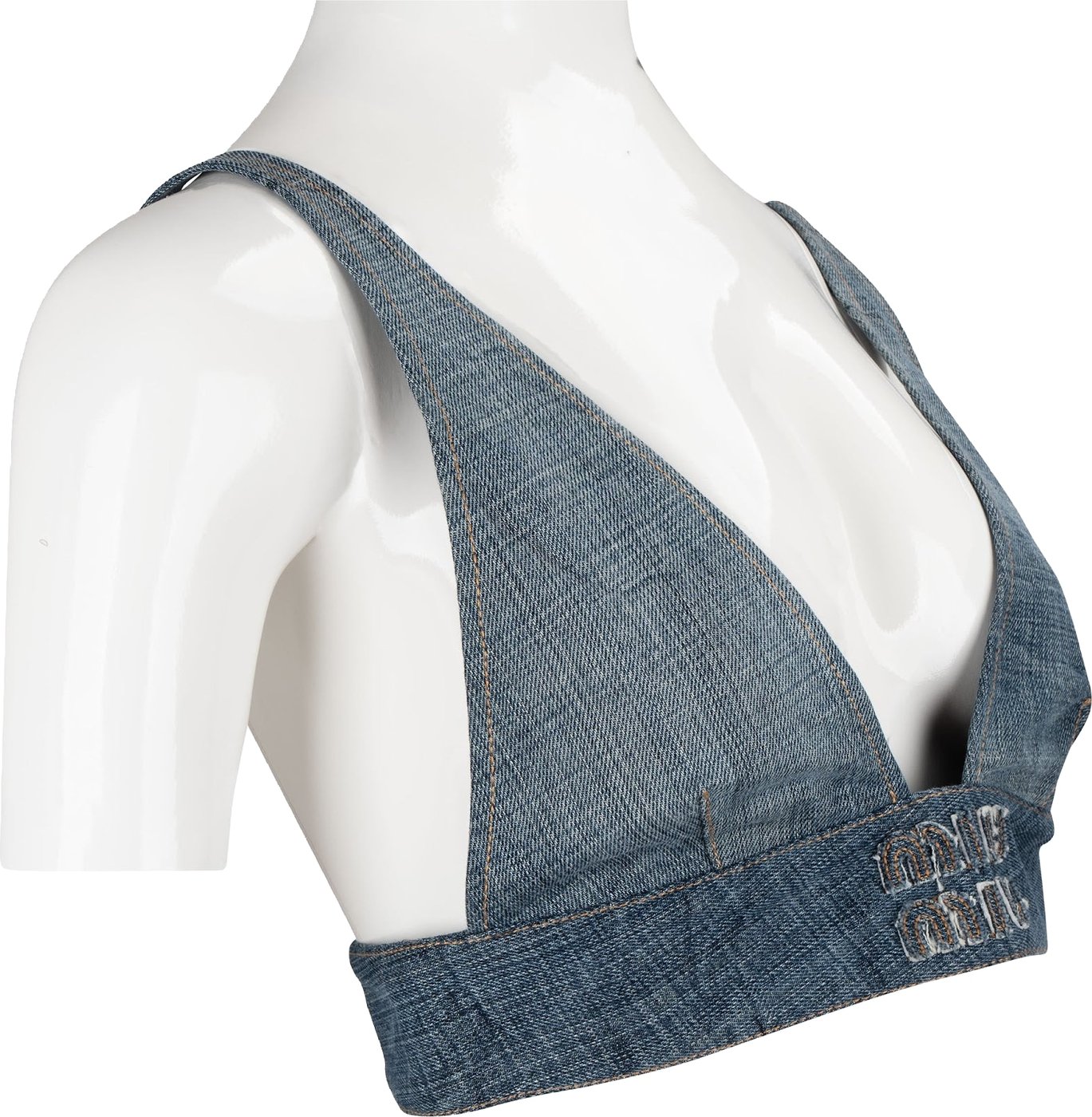 Miu Miu Blue Denim Embroidered Emblem Bralette Top (IT40)
