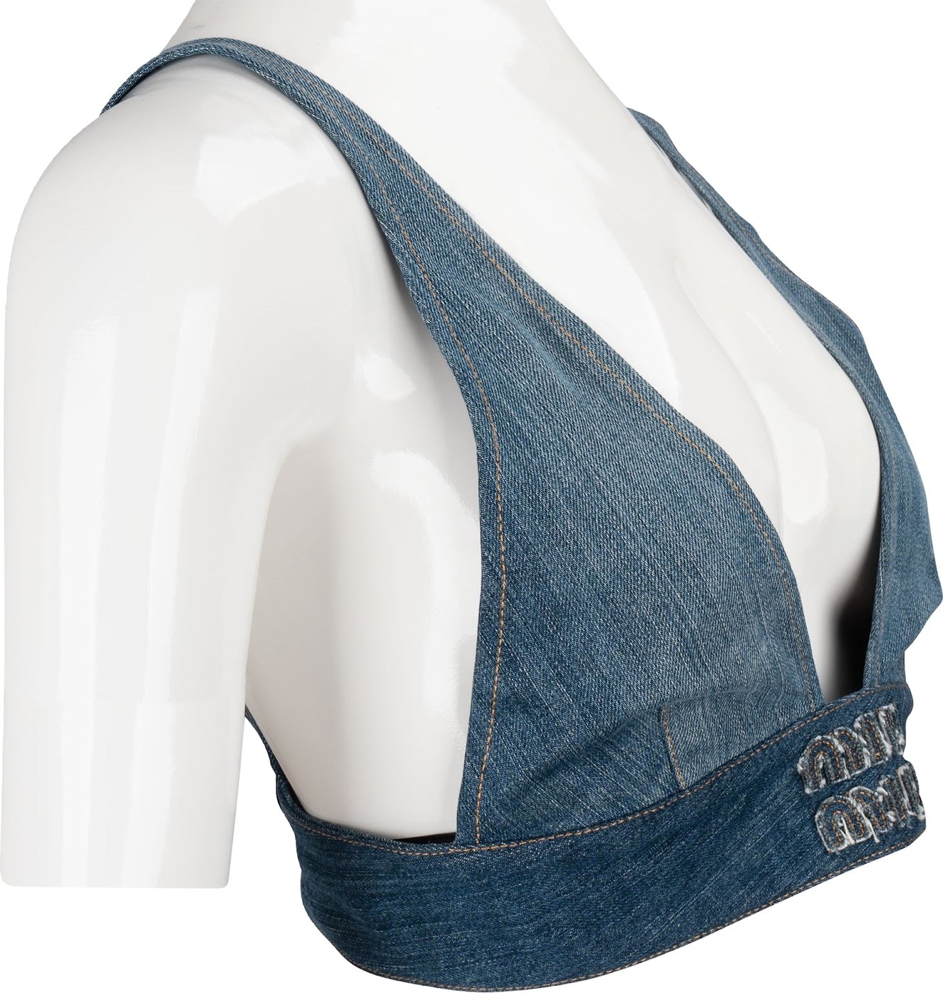 Miu Miu Blue Denim Embroidered Emblem Bralette Top (IT40)