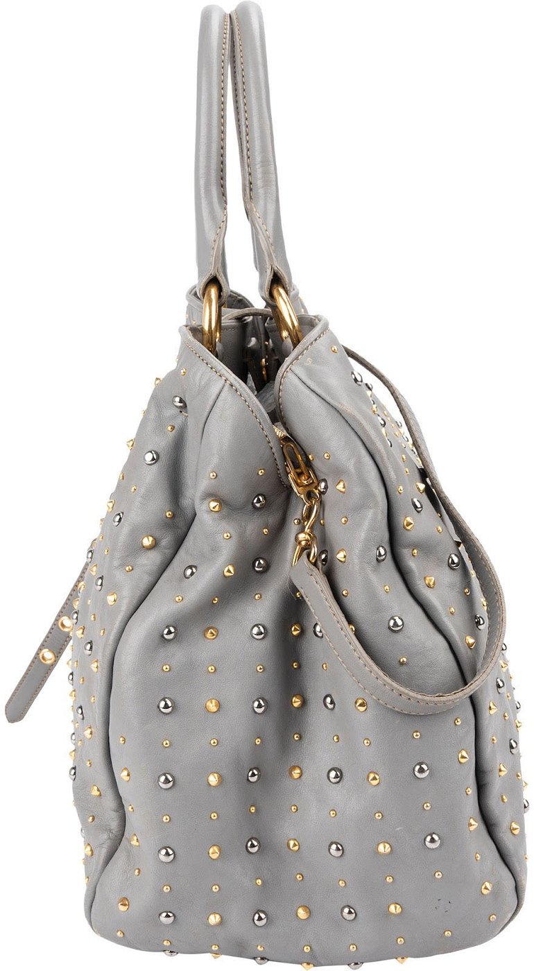 Miu Miu Grey Studded Leather Tote Handbag