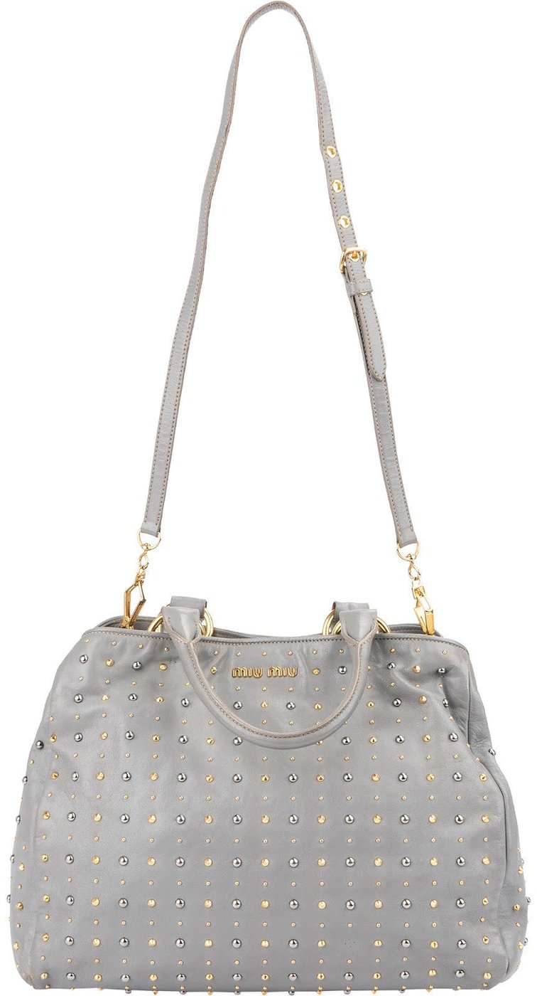 Miu Miu Grey Studded Leather Tote Handbag
