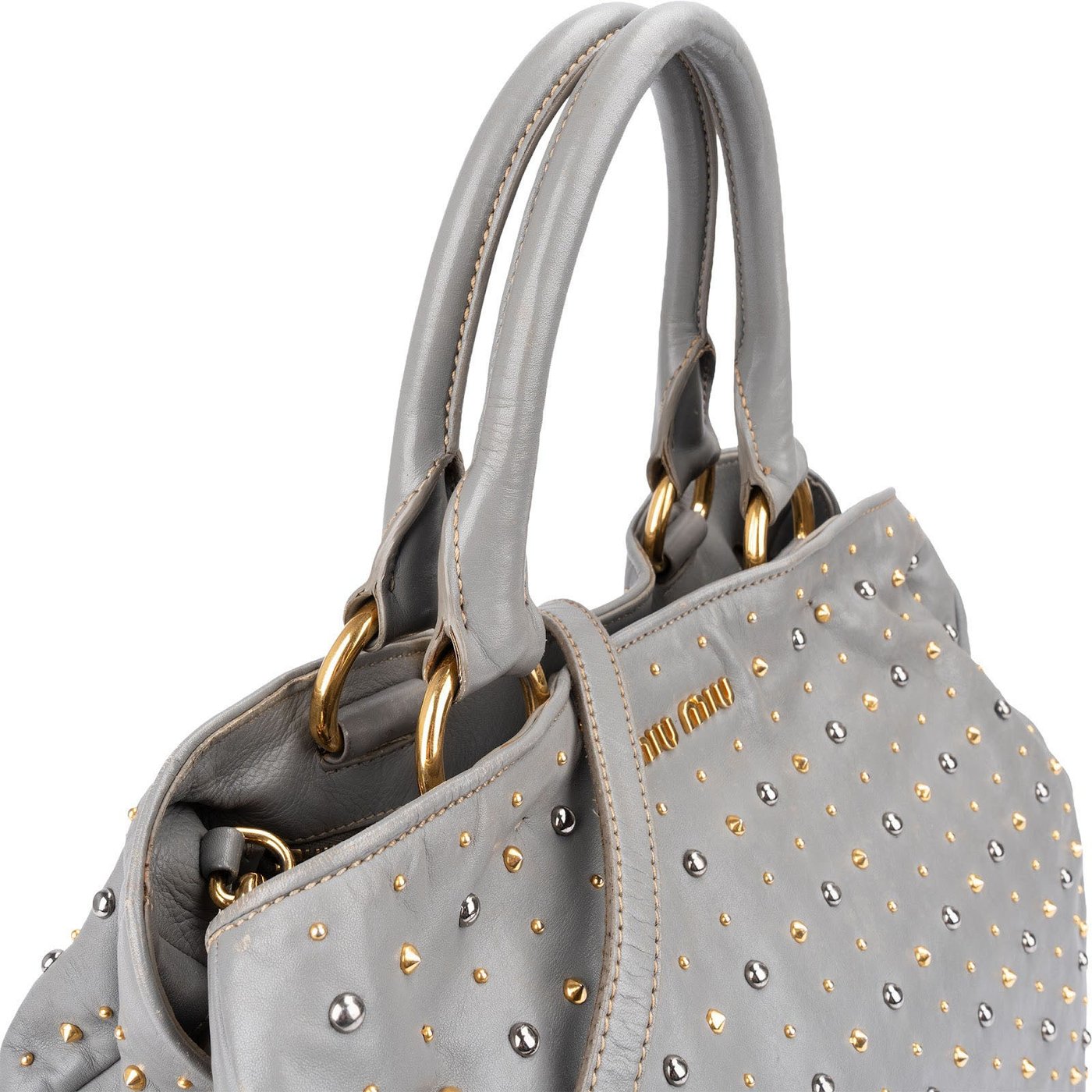 Miu Miu Grey Studded Leather Tote Handbag