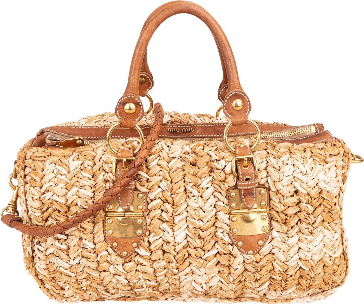 Miu Miu Woven Raffia Bauletto Coffer Handbag