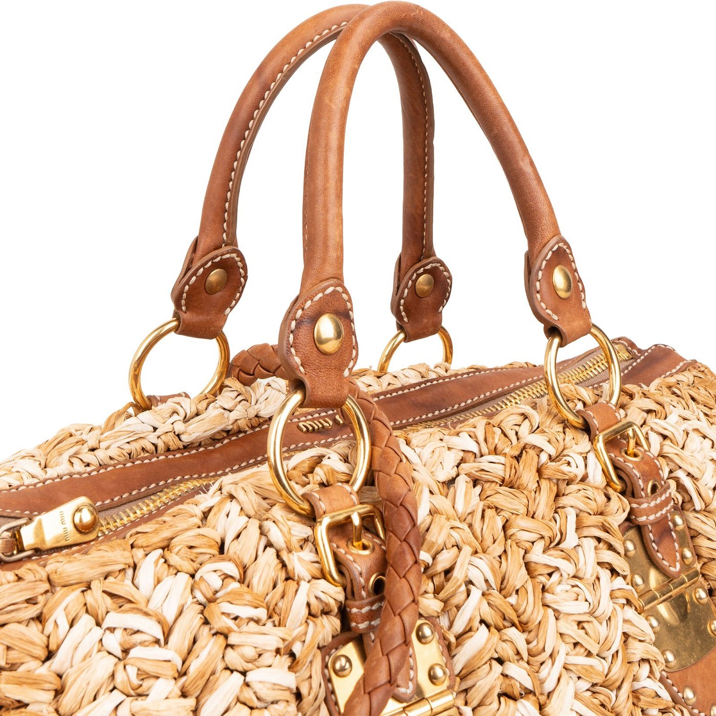 Miu Miu Woven Raffia Bauletto Coffer Handbag