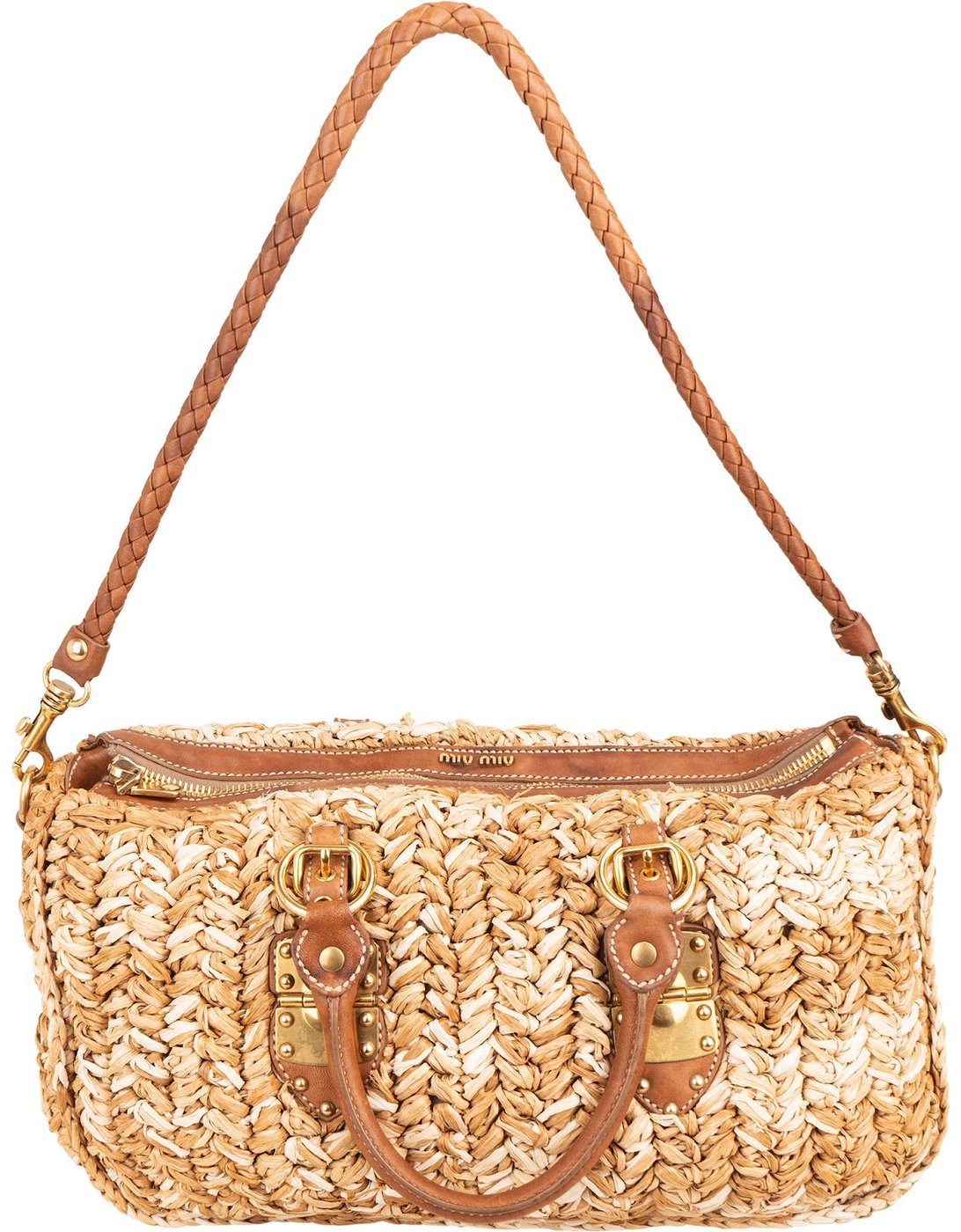 Miu Miu Woven Raffia Bauletto Coffer Handbag