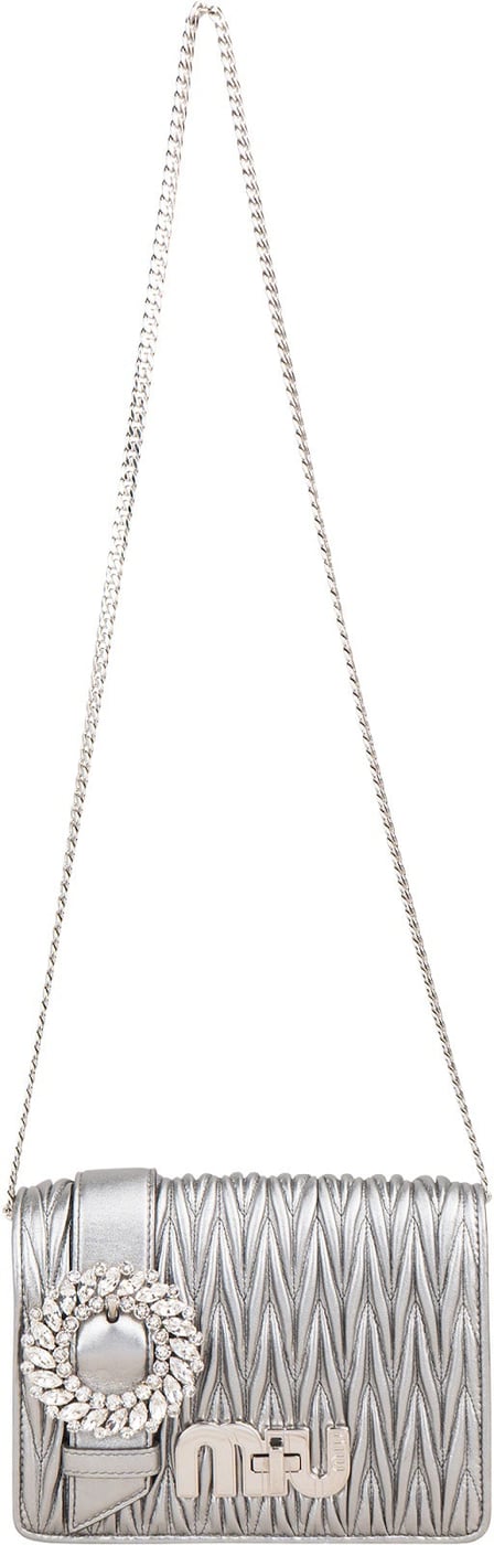 Miu Miu Metallic Silver Matelassé Nappa Leather Crystal Small Crossbody Bag