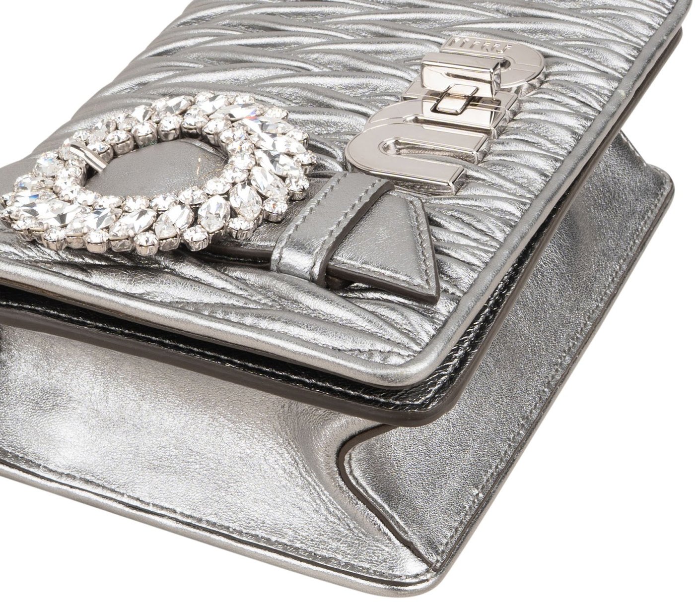 Miu Miu Metallic Silver Matelassé Nappa Leather Crystal Small Crossbody Bag