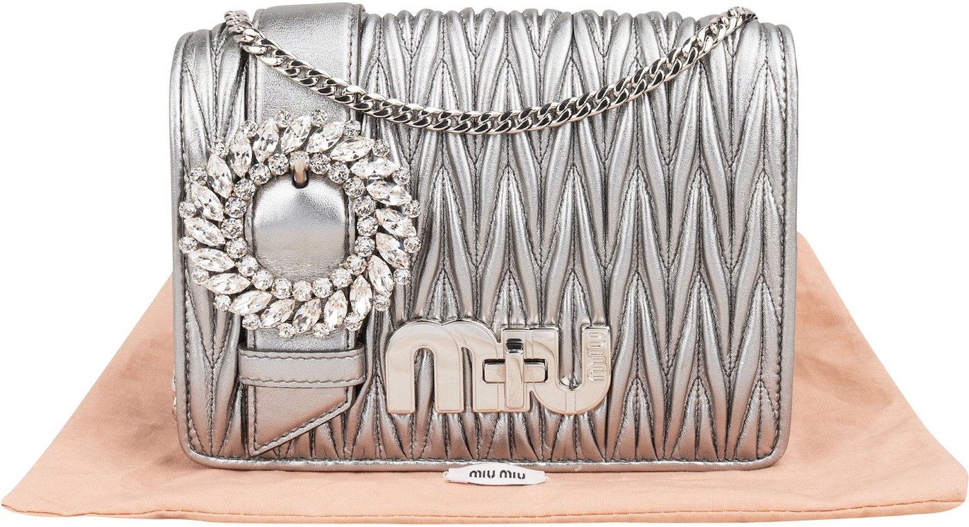 Miu Miu Metallic Silver Matelassé Nappa Leather Crystal Small Crossbody Bag