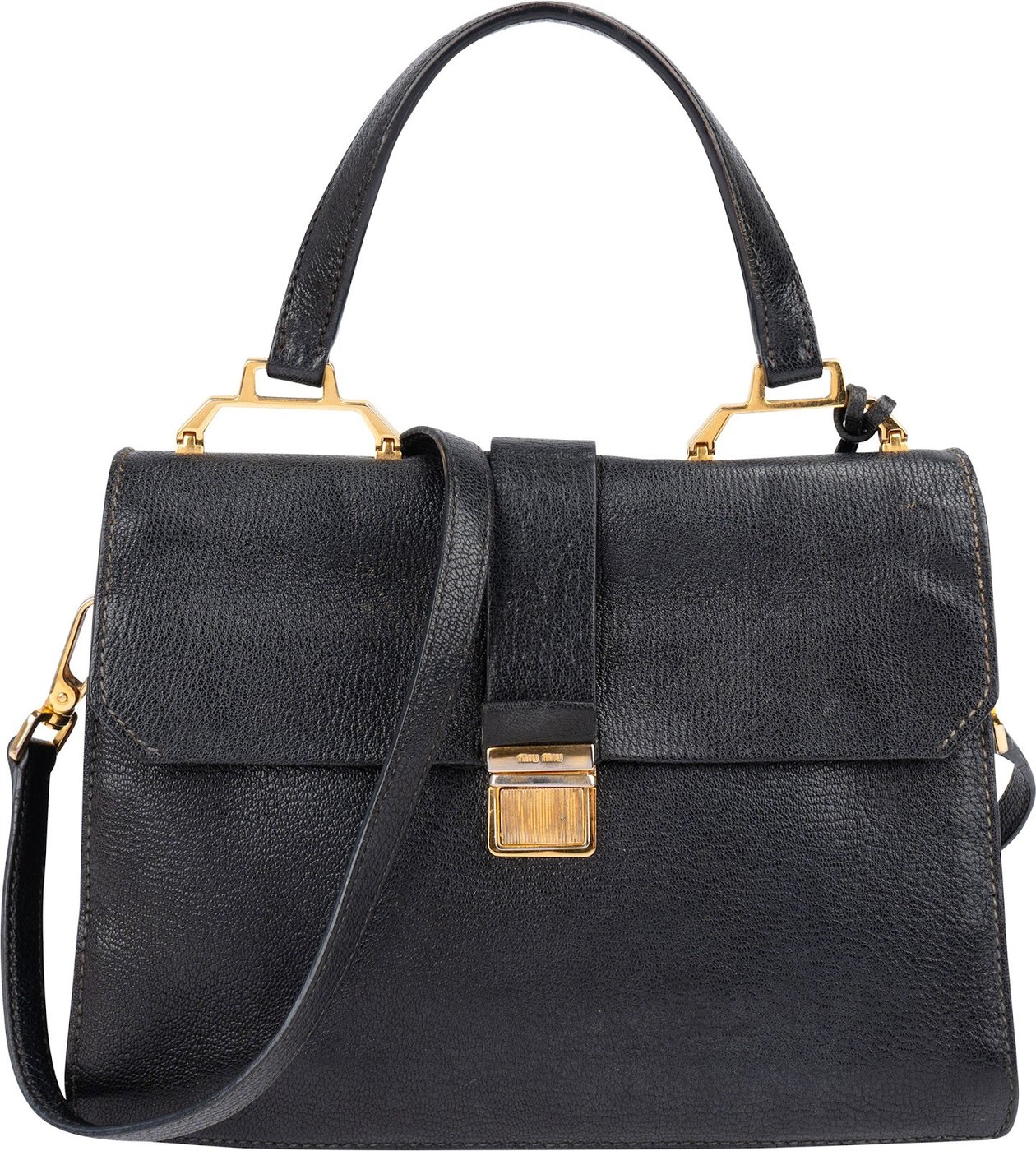 Miu Miu Black Grained Leather Madras Top Handle Handbag