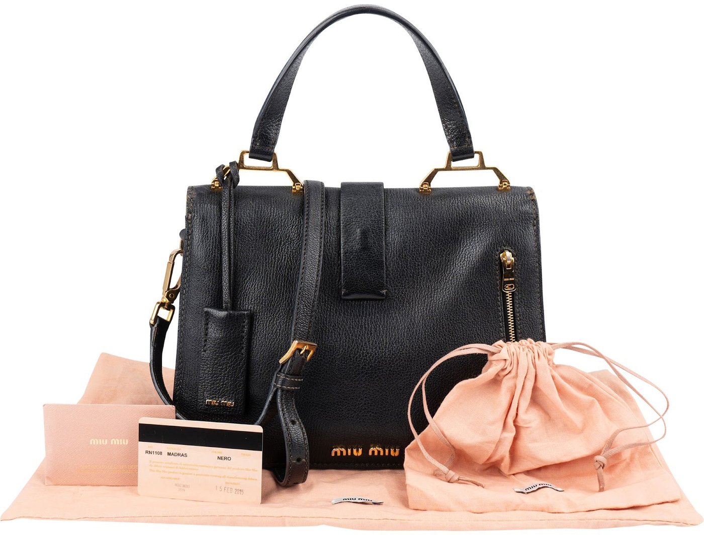 Miu Miu Black Grained Leather Madras Top Handle Handbag