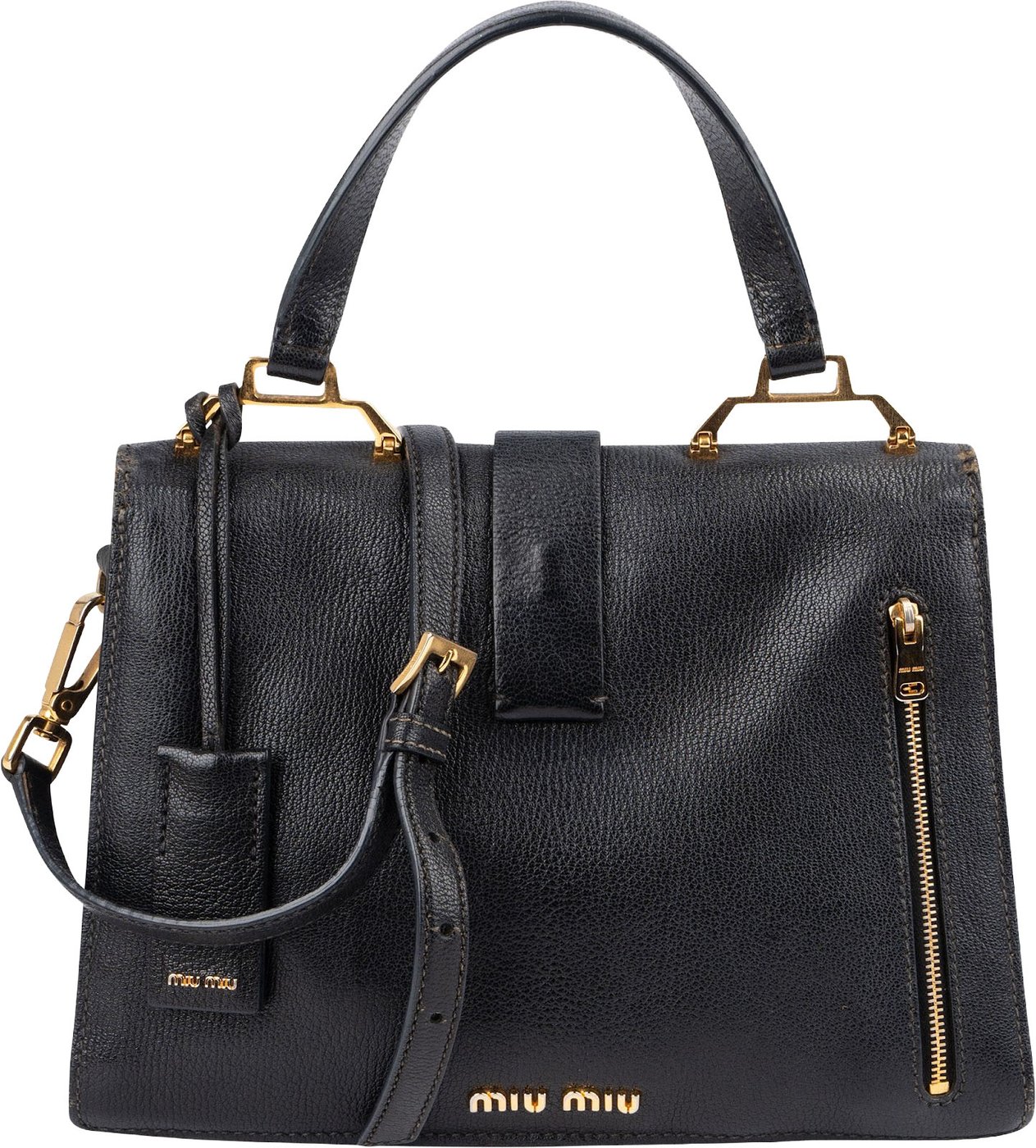 Miu Miu Black Grained Leather Madras Top Handle Handbag