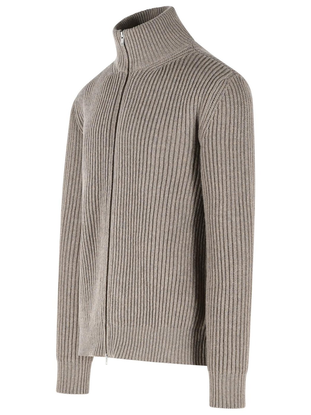 Ribbed Wool-Blend High Collar Zip-Through Knit