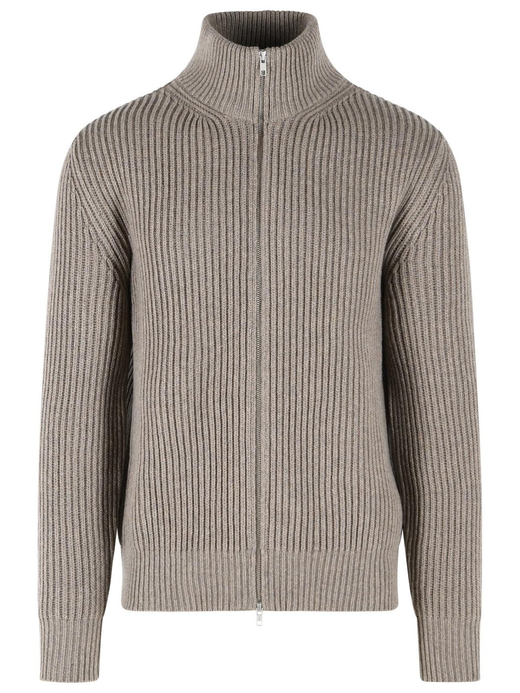 Ribbed Wool-Blend High Collar Zip-Through Knit