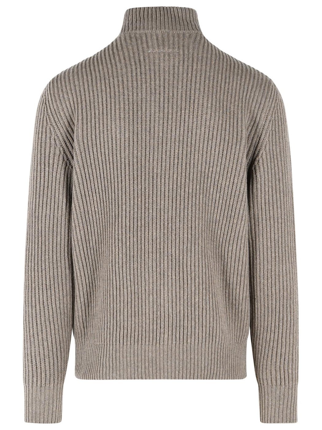 Ribbed Wool-Blend High Collar Zip-Through Knit