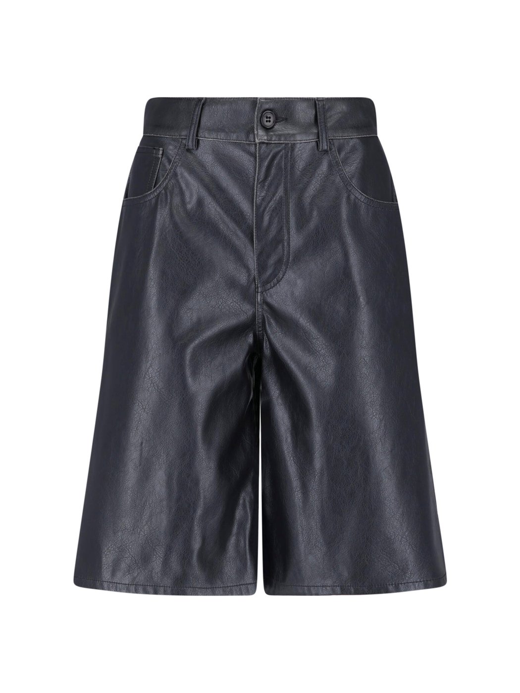 Black Faux Leather Five-Pocket Knee-Length Shorts