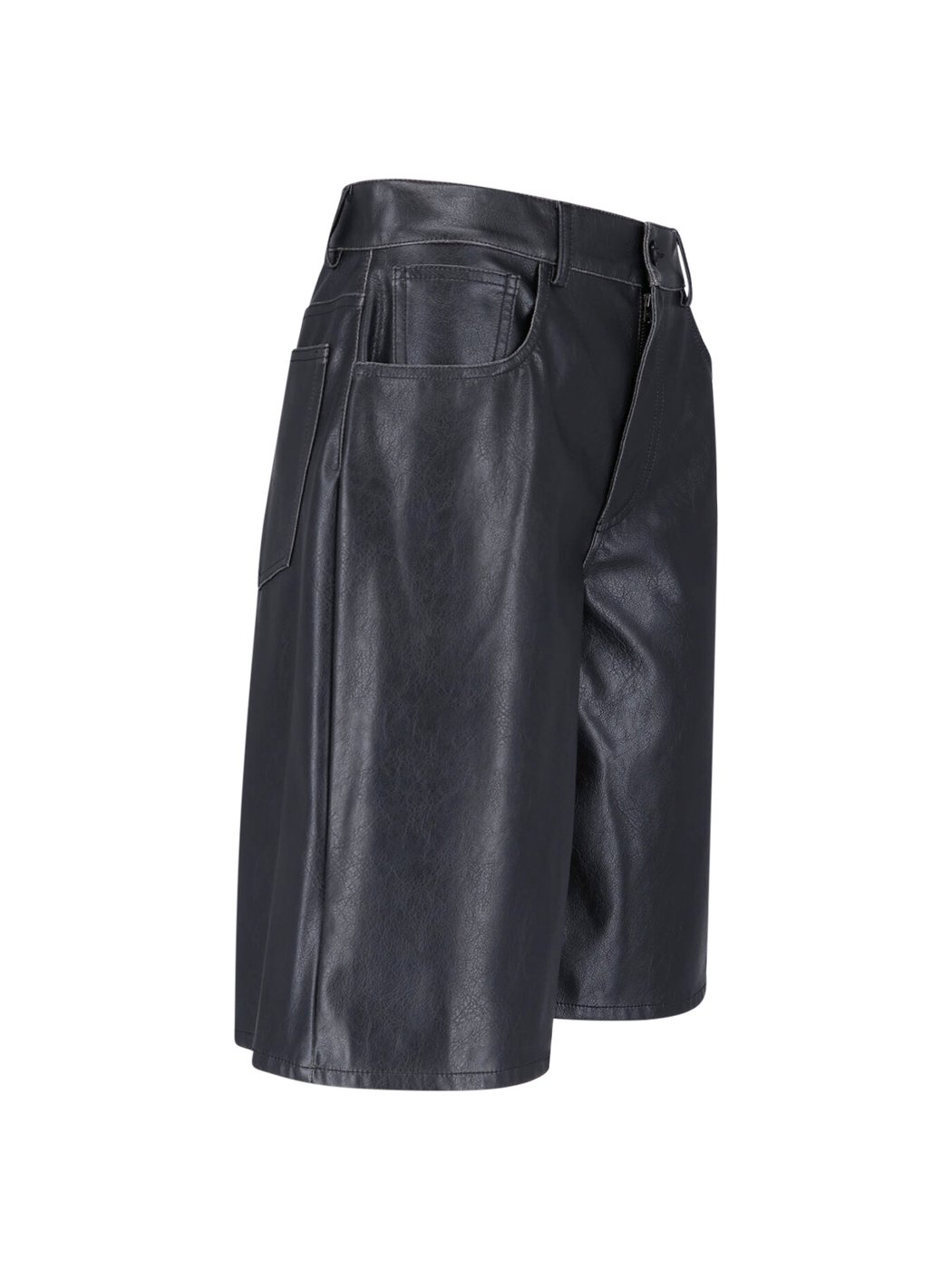 Black Faux Leather Five-Pocket Knee-Length Shorts