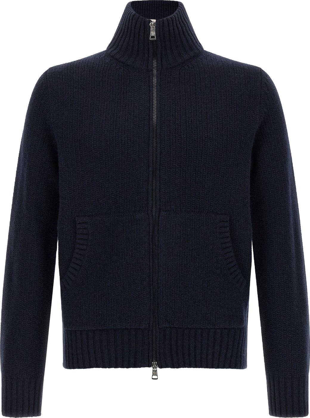 Ribbed Zip-Up Embroidered Logo Cardigan